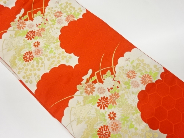 リサイクル　雲取りに亀甲・秋草模様織出し名古屋帯